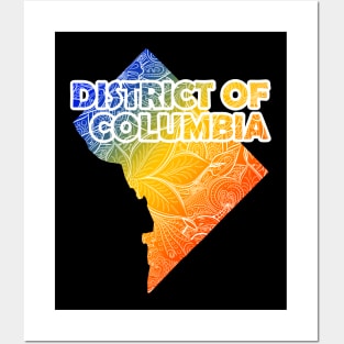 Colorful mandala art map of District of Columbia with text in blue, yellow, and red Posters and Art